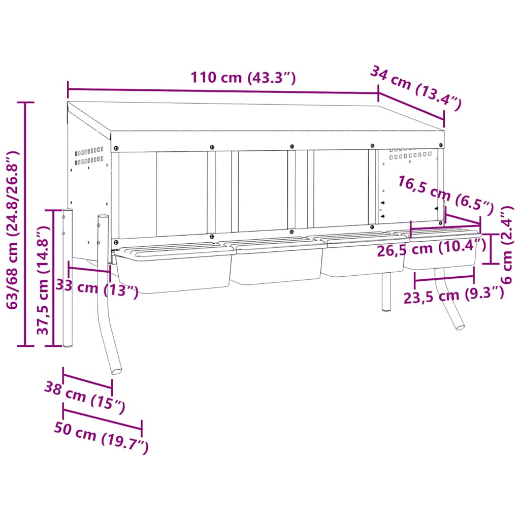 Kippennestkast 4 Compartimenten Met Poten Gegalvaniseerd Staal 110 x 50 x 63/68 cm