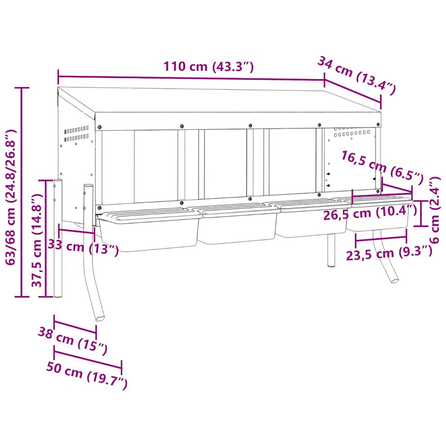 Kippennestkast 4 Compartimenten Met Poten Gegalvaniseerd Staal 110 x 50 x 63/68 cm