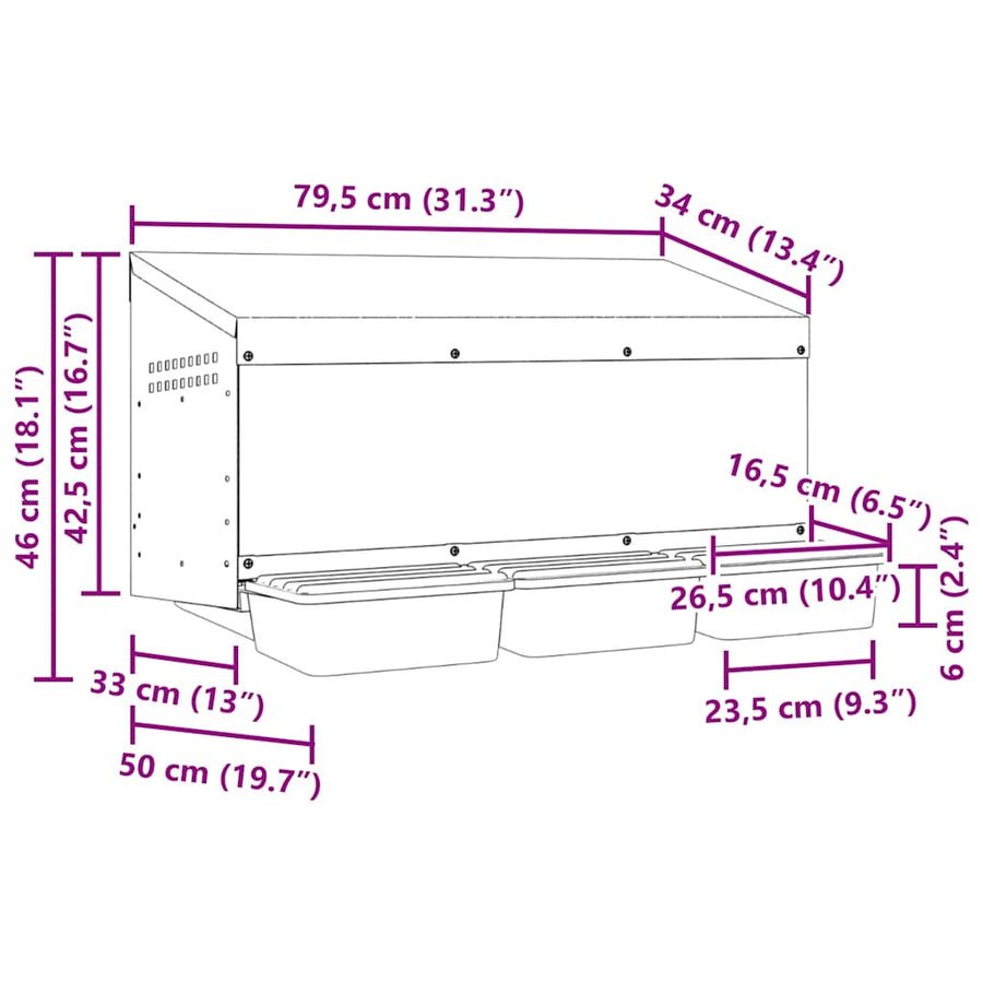 Kippennestkast 3 Compartimenten Wandmontage Gegalvaniseerd Staal 79.5 x 50 x 46 cm