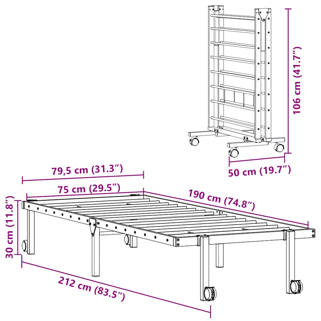 Bedframe zonder matras opvouwbaar 75x190 cm staal zwart