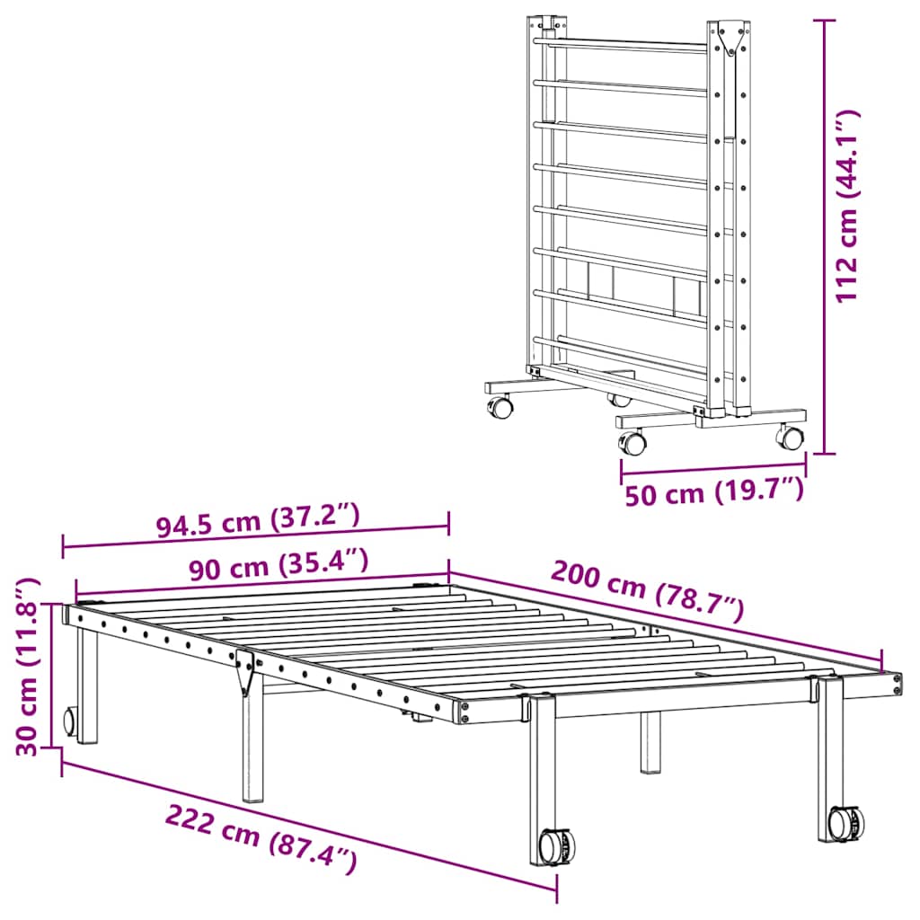 Bedframe zonder matras opvouwbaar 90x200 cm staal zwart