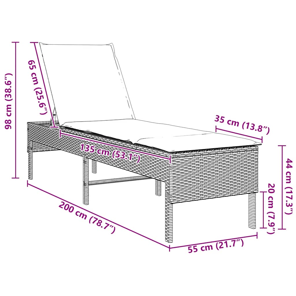 Ligstoel Met Kussen 55X200X44Cm Polyrotan Grijs