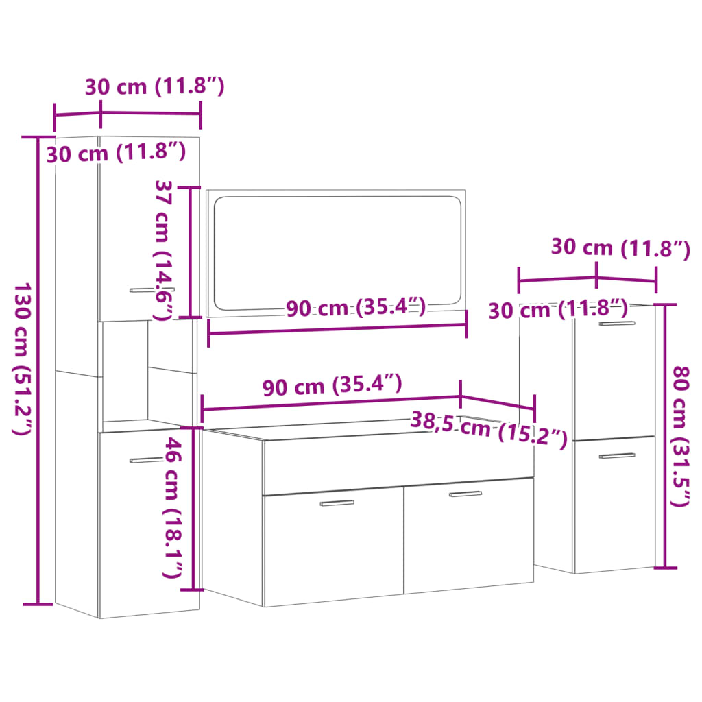 4-Delige Badkamermeubelset Bewerkt Hout Kleurig 90 x 38.5 x 46 cm