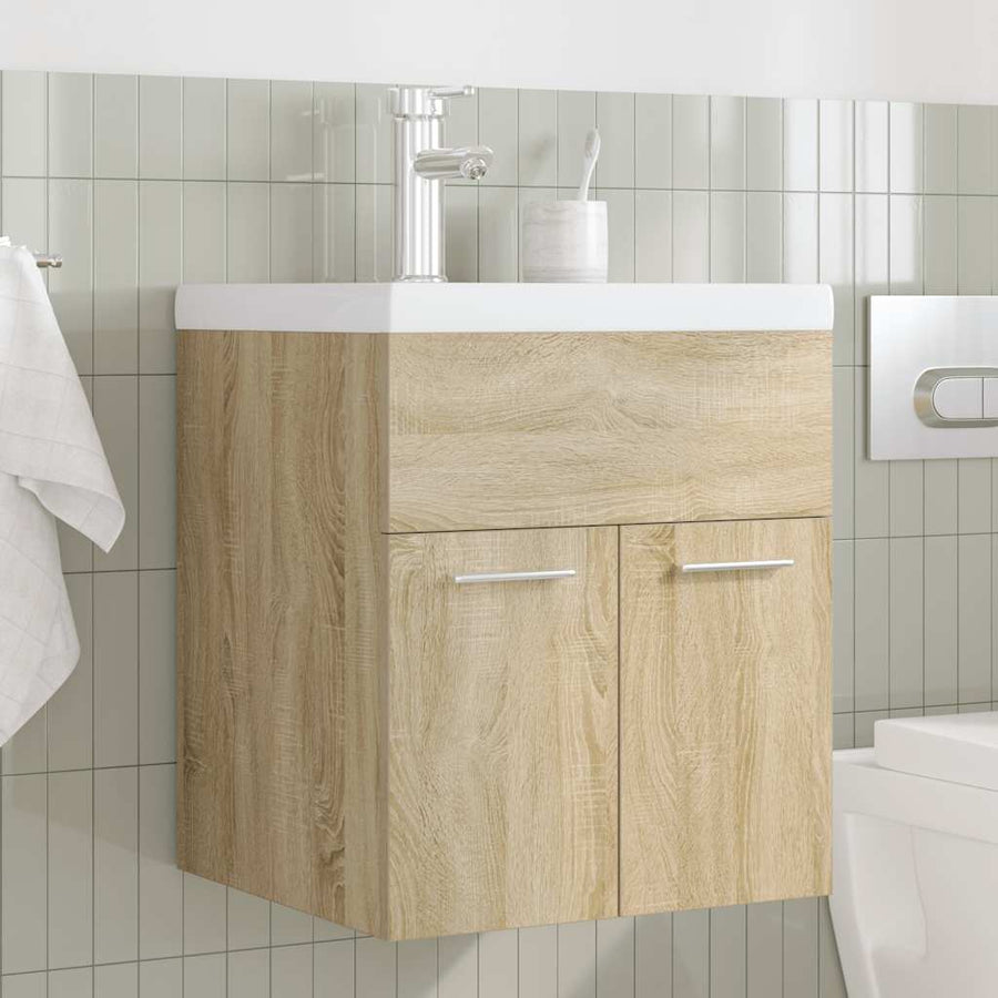 Wastafelmeubel met inbouwwastafel en kraan Sonoma eikenhout