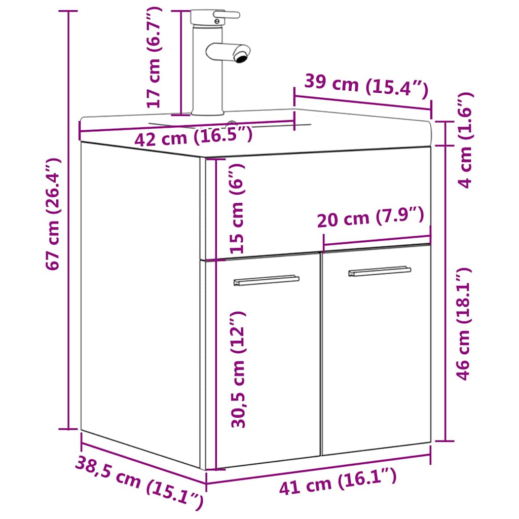 Wastafelmeubel met inbouwwastafel en kraan Sonoma eikenhout