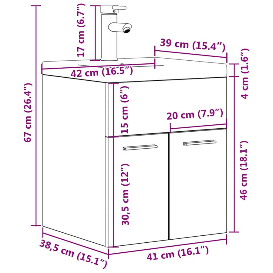 Wastafelmeubel met inbouwwastafel en kraan Sonoma eikenhout
