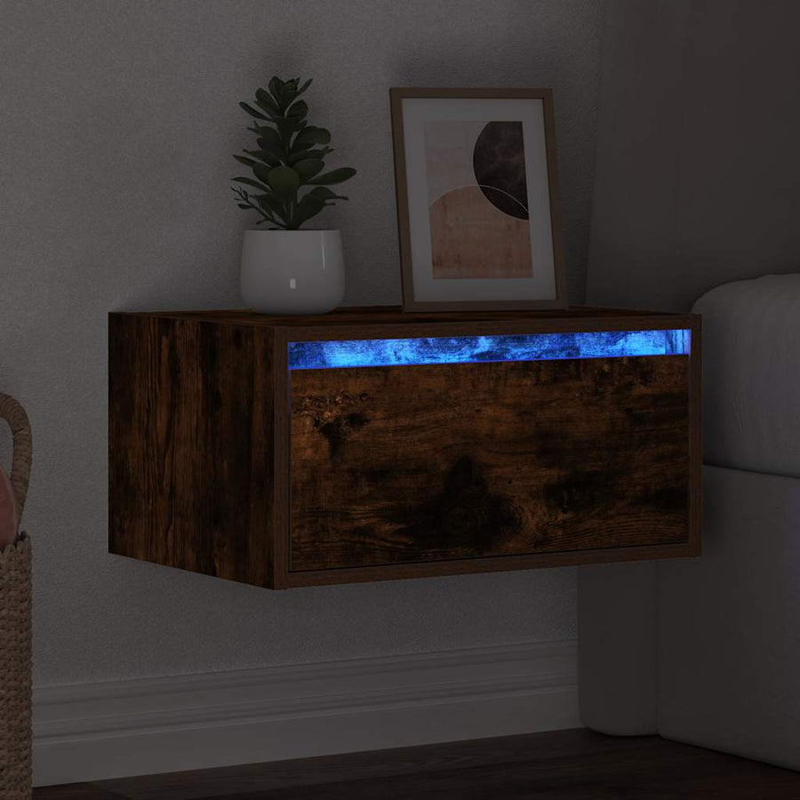 Nachtkastje met LED's wandgemonteerd gerookt eikenkleurig