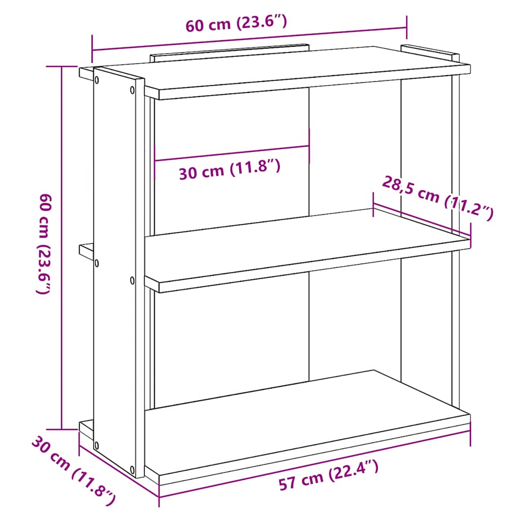 Boekenkast 3-laags 60x30x60 cm bewerkt hout grijs sonoma eiken