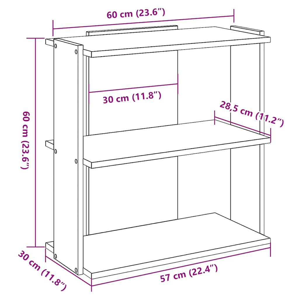 Boekenkast 3-laags 60x30x60 cm bewerkt hout artisanaal eiken