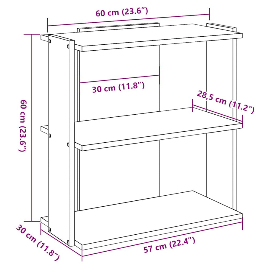 Boekenkast 3-laags 60x30x60 cm bewerkt hout artisanaal eiken