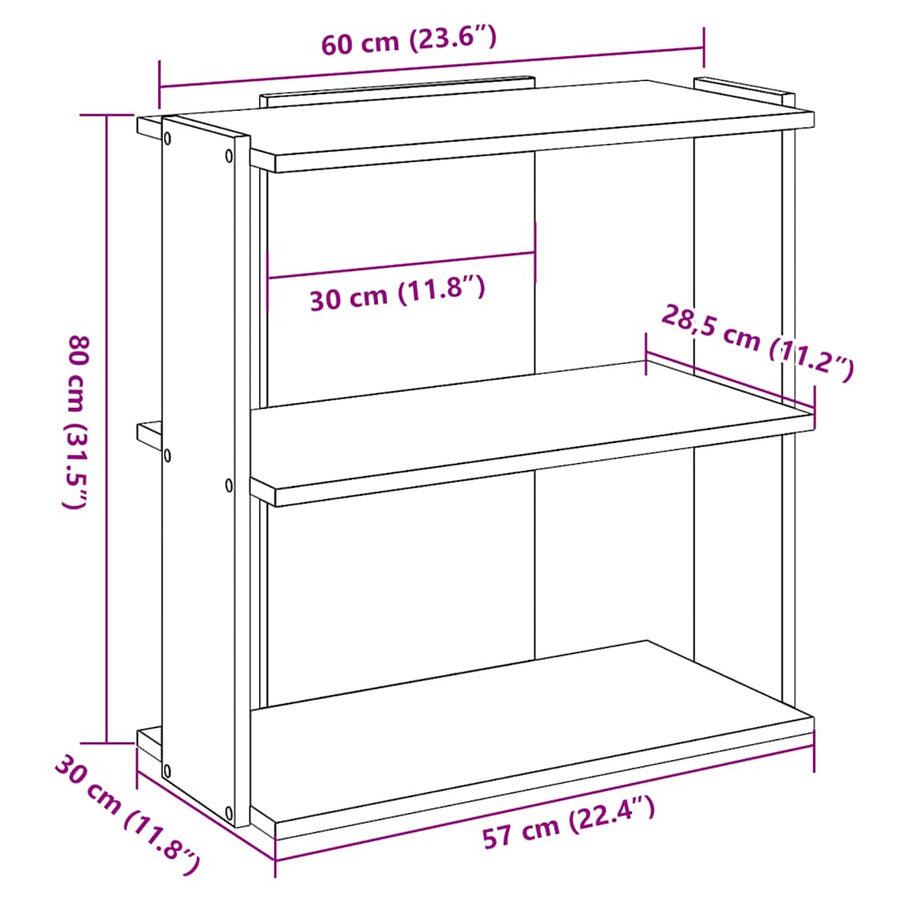 Boekenkast 3-laags 60x30x80 cm bewerkt hout sonoma eikenkleurig