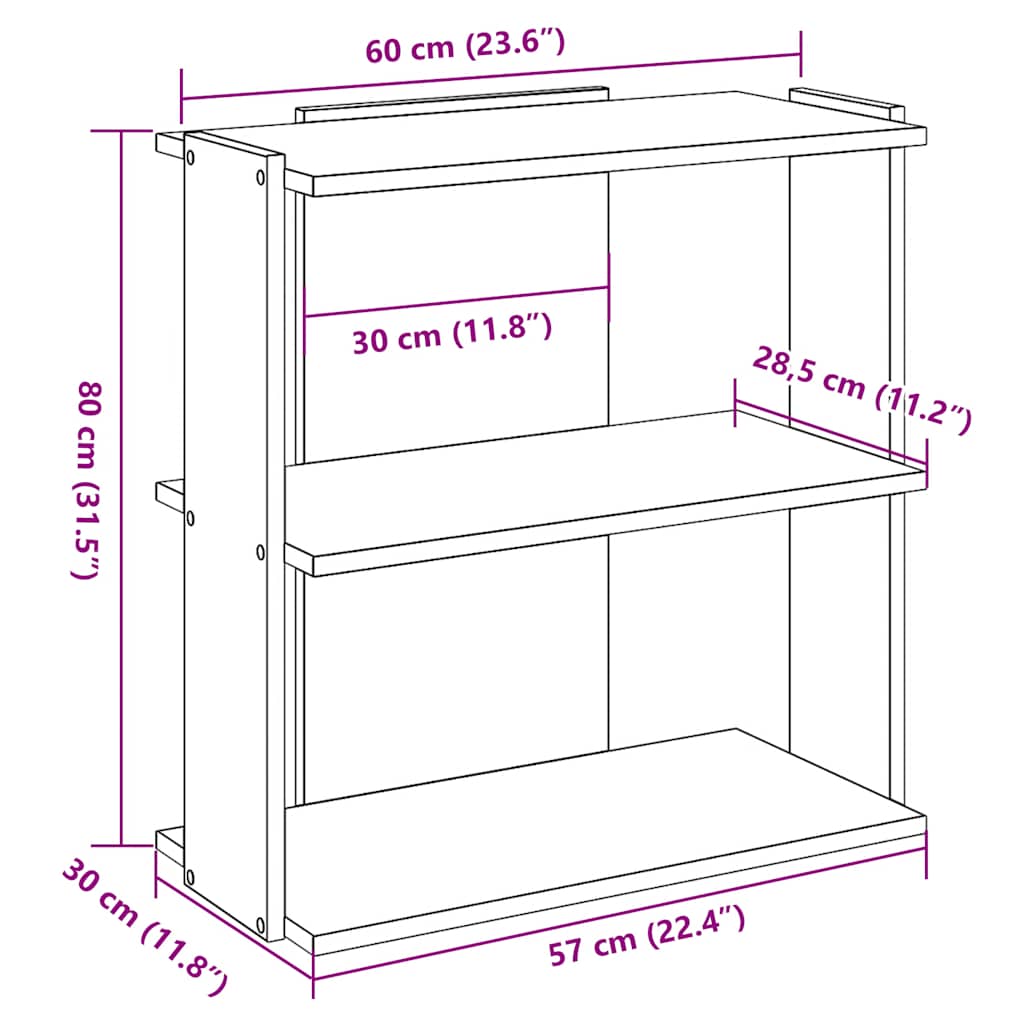 Boekenkast 3-laags 60x30x80 cm bewerkt hout grijs sonoma eiken