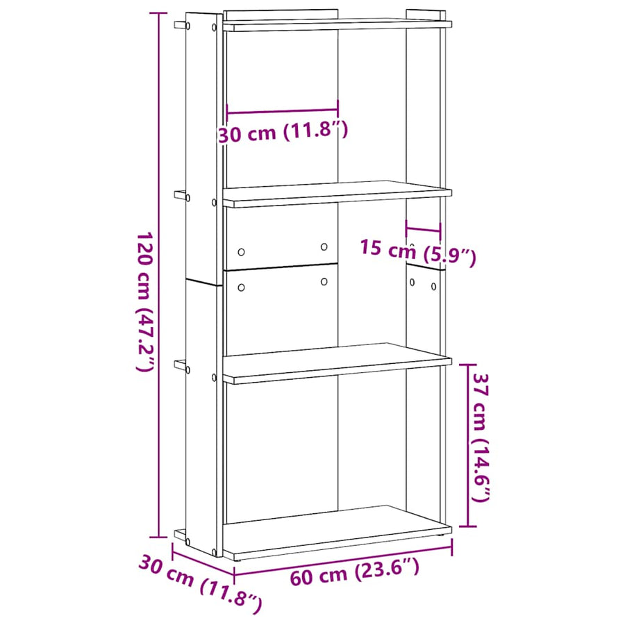 Boekenkast 3-laags 60x30x120 cm bewerkt hout sonoma eikenkleur