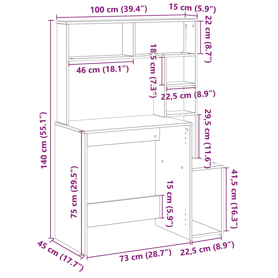 Bureau met schappen 100x45x140 cm bewerkt hout betongrijs