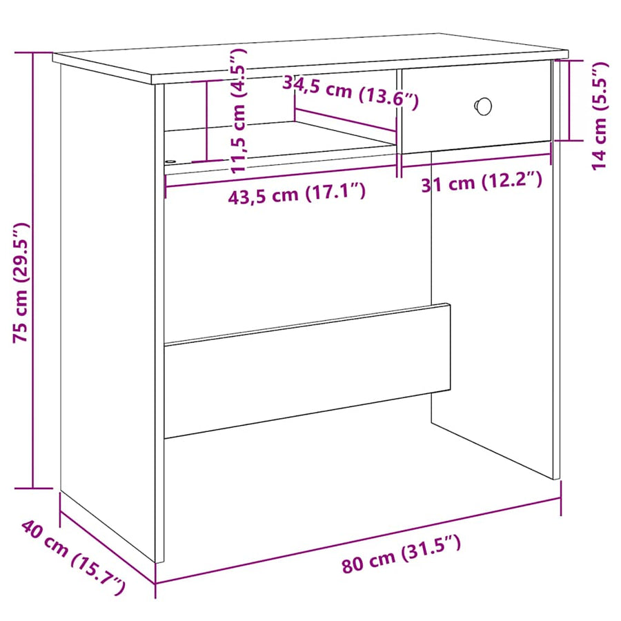 Bureau 80x40x75 cm bewerkt hout artisanaal eikenkleurig