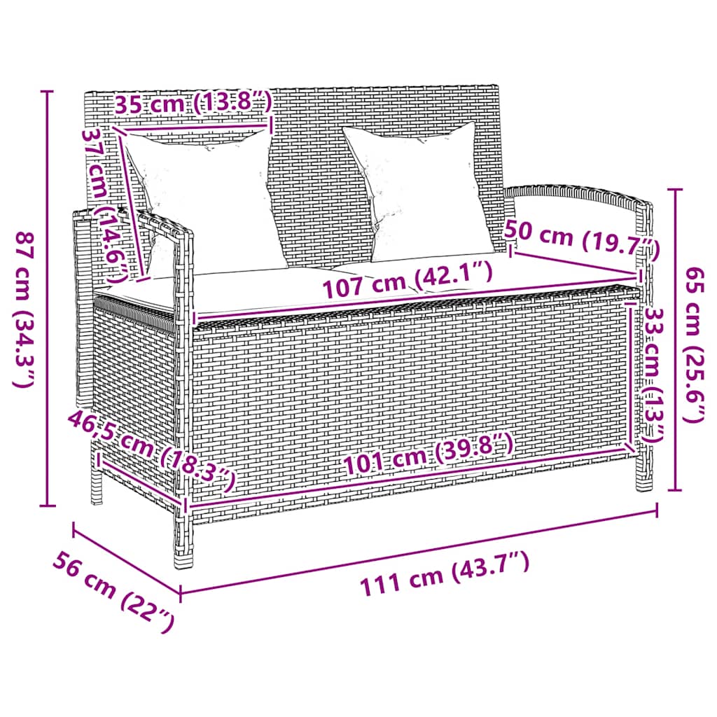 Tuinbank met kussen poly rattan beige
