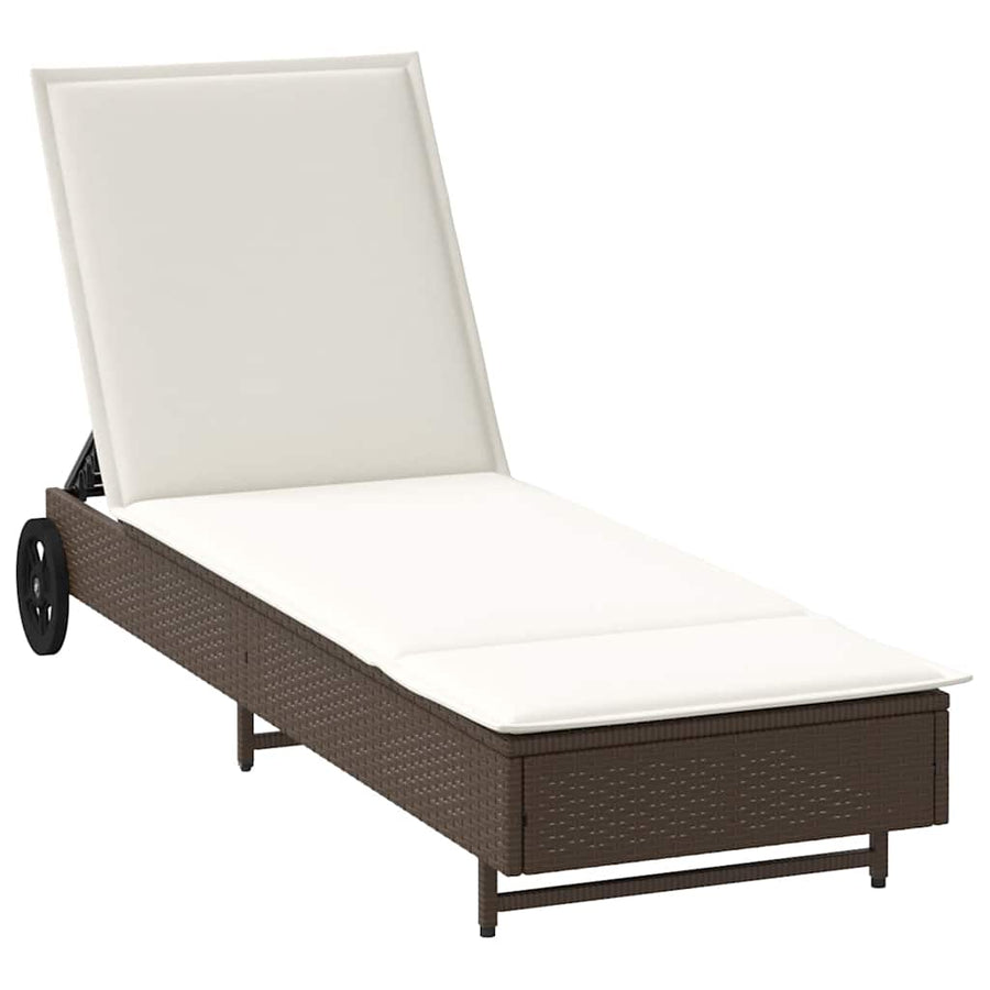 Ligbed met wielen en kussen poly rattan bruin