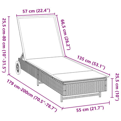 Ligbed met wielen en kussen poly rattan bruin