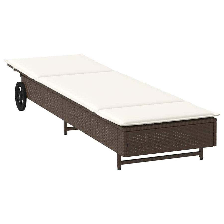 Ligbed met wielen en kussen poly rattan bruin
