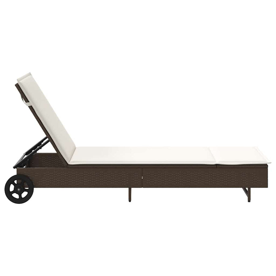 Ligbed met wielen en kussen poly rattan bruin
