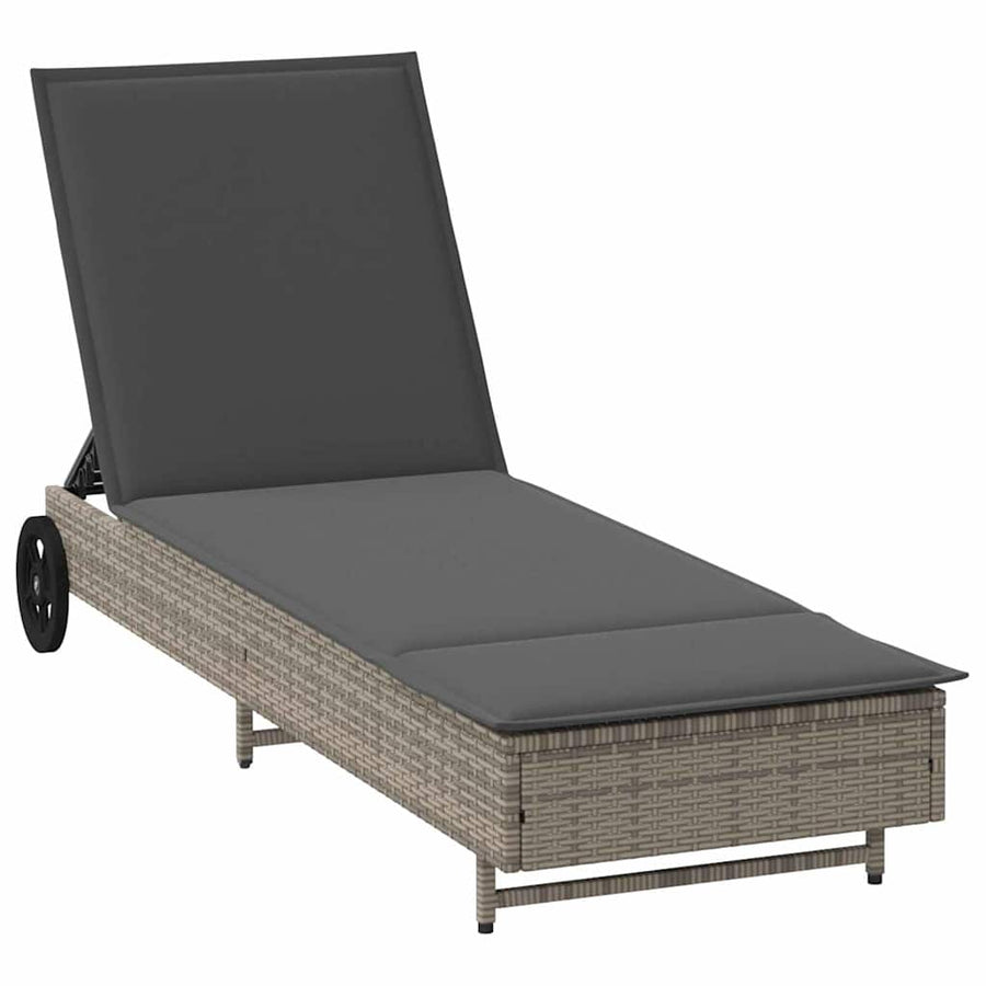 Ligbed met wielen en kussen poly rattan grijs