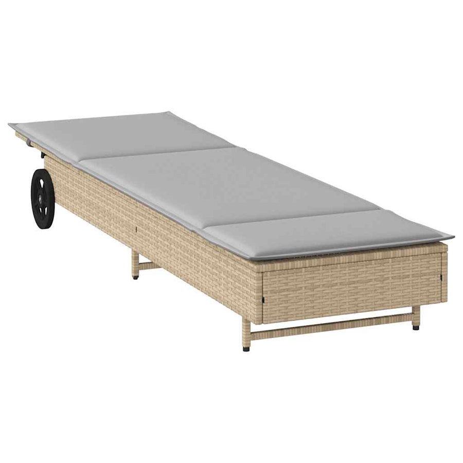 Ligbed met wielen en kussen poly rattan grijs