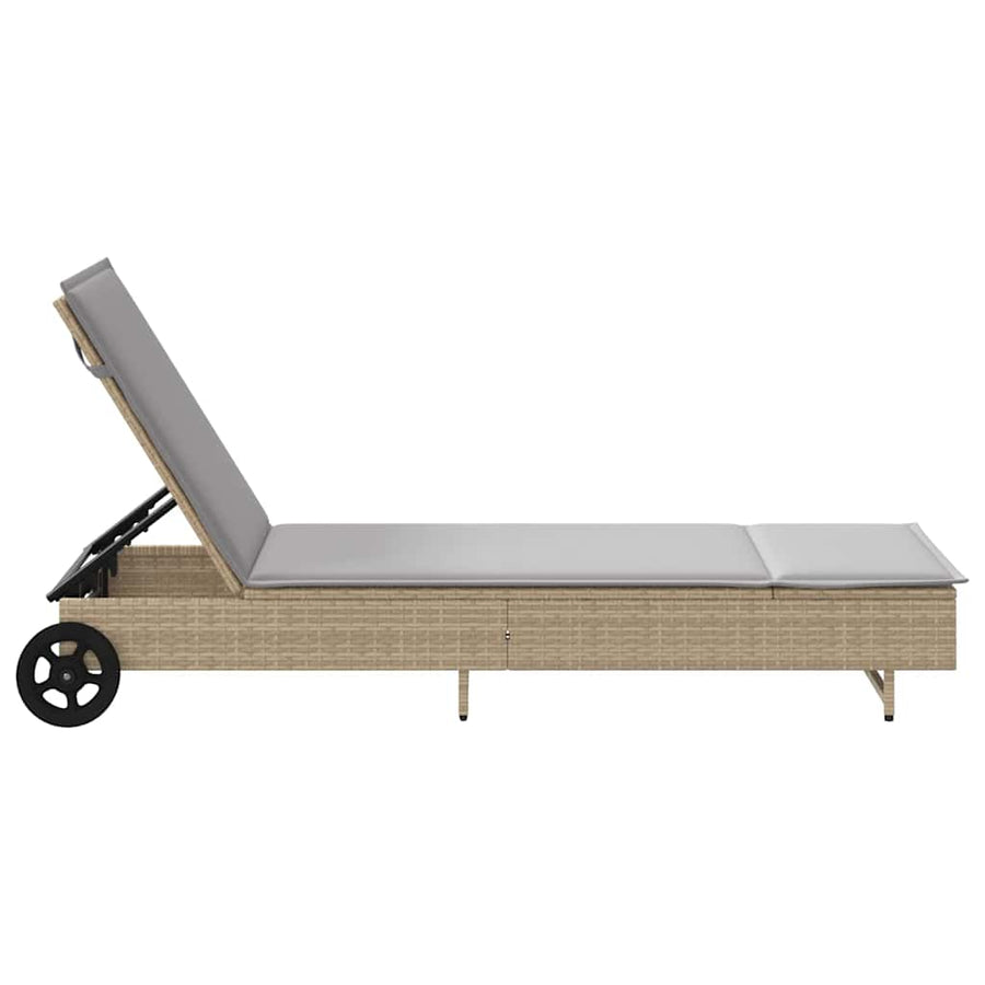 Ligbed met wielen en kussen poly rattan grijs