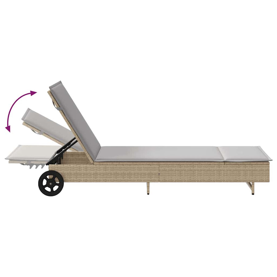 Ligbed met wielen en kussen poly rattan grijs