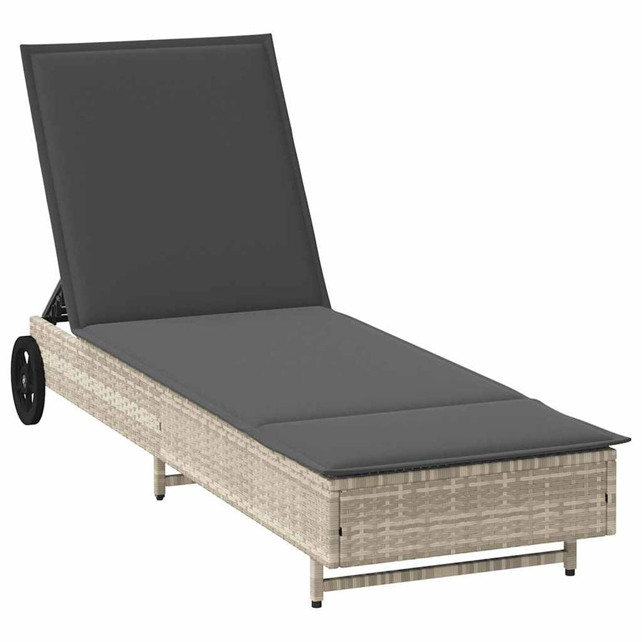 Ligbed met wielen en kussens poly rattan lichtgrijs