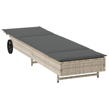 Ligbed met wielen en kussens poly rattan lichtgrijs