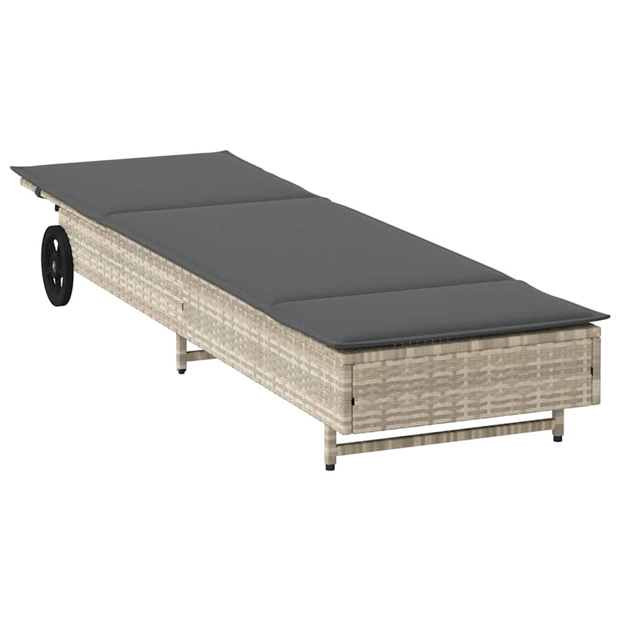 Ligbed met wielen en kussens poly rattan lichtgrijs