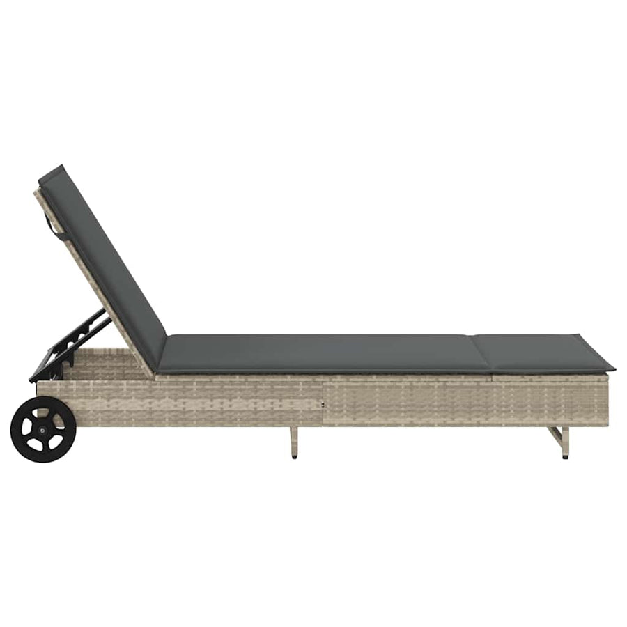 Ligbed met wielen en kussens poly rattan lichtgrijs