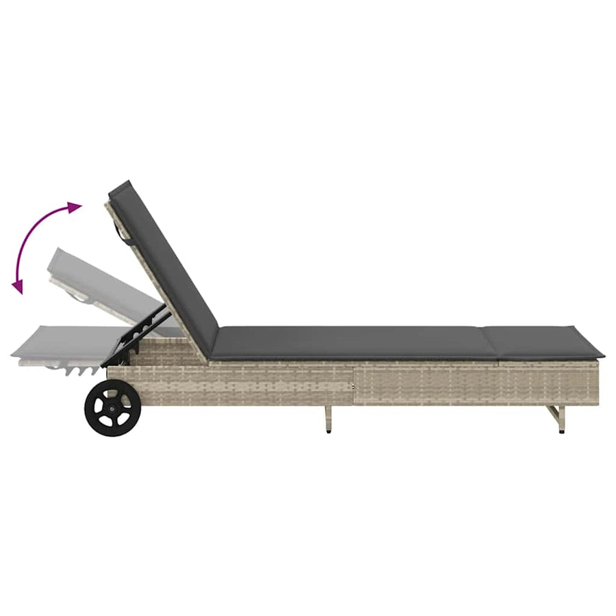 Ligbed met wielen en kussens poly rattan lichtgrijs