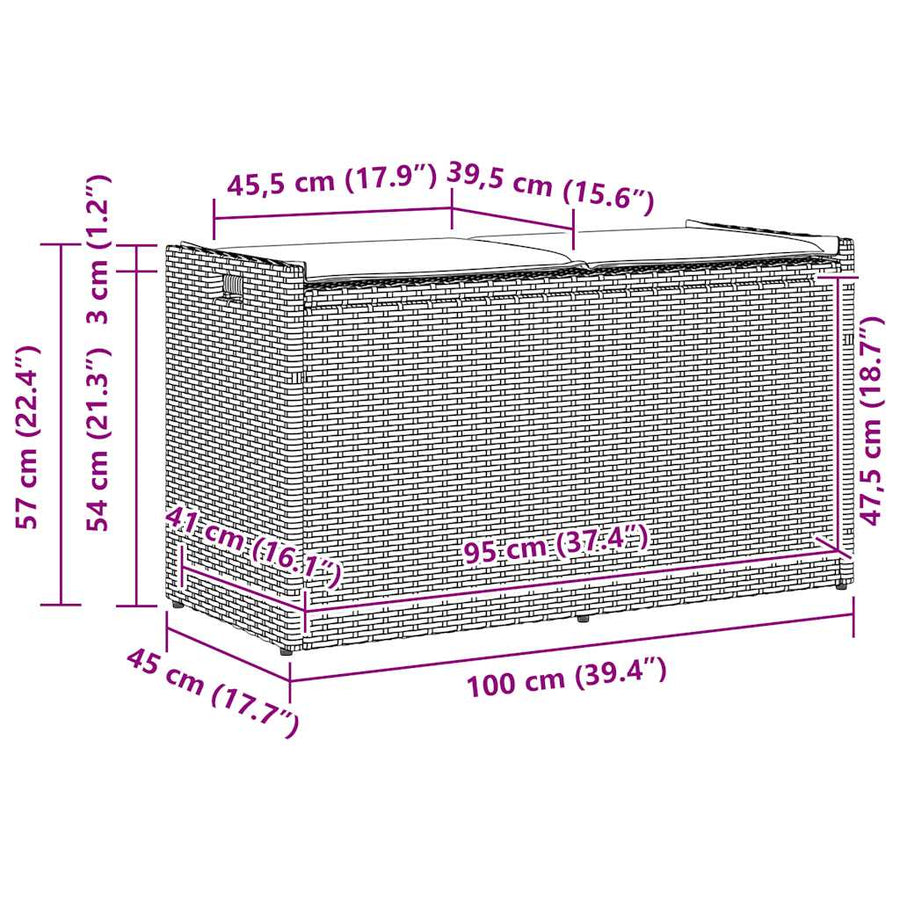 Opbergbank met kussen voor buiten 100 cm poly rattan grijs