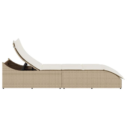 Ligstoel inklapbaar met kussen opbergruimte poly rattan beige