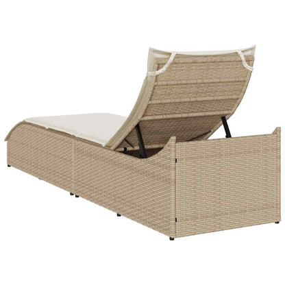 Ligstoel inklapbaar met kussen opbergruimte poly rattan beige