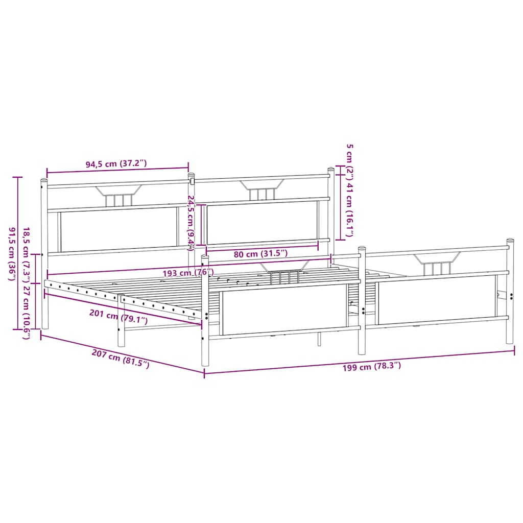 Bedframe zonder matras metaal gerookt eikenkleurig 193x203 cm