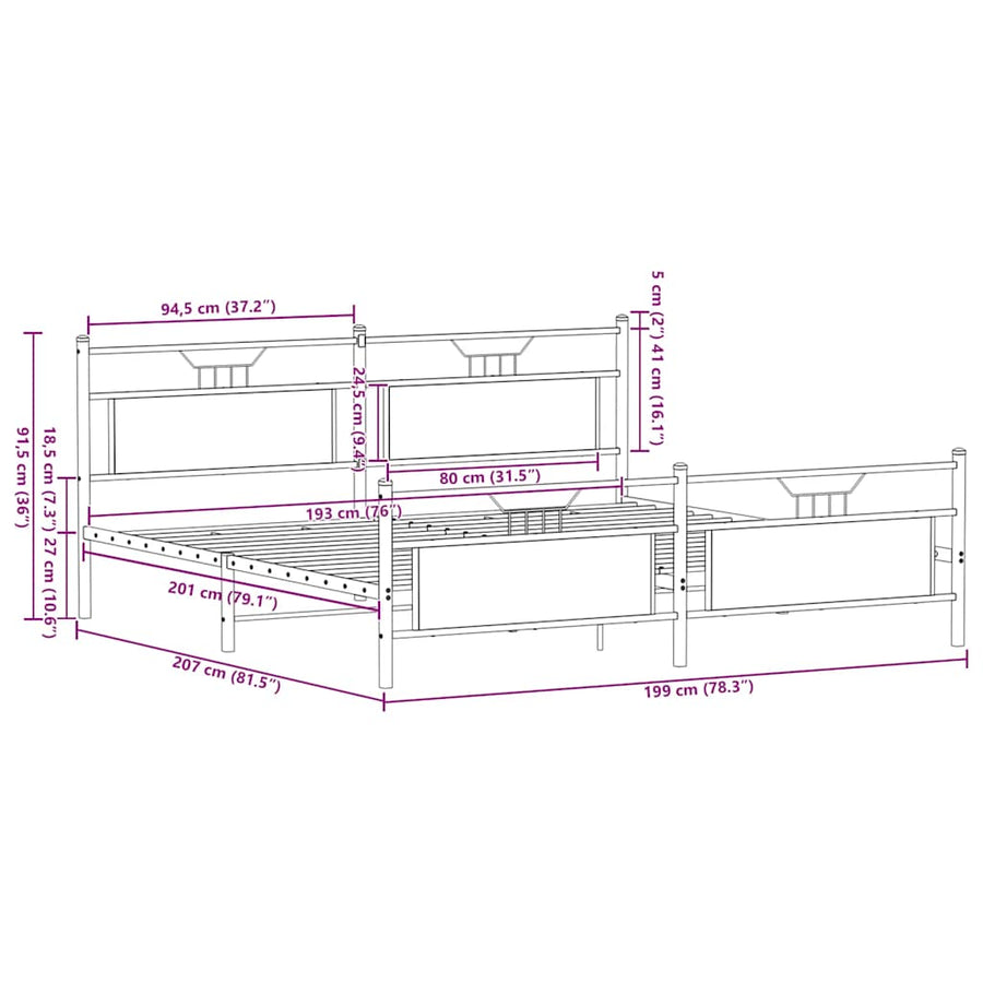 Bedframe zonder matras metaal gerookt eikenkleurig 193x203 cm