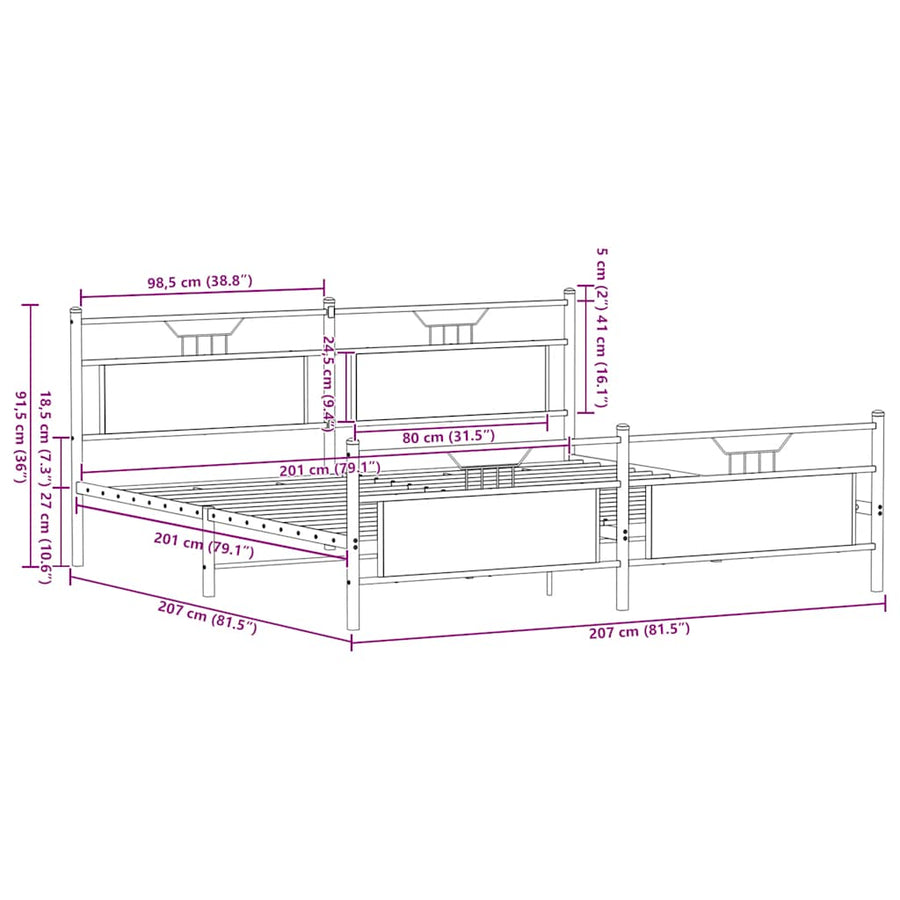 Bedframe zonder matras metaal gerookt eikenkleurig 200x200 cm