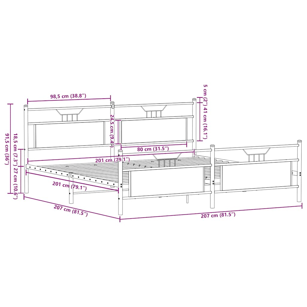 Bedframe zonder matras metaal sonoma eikenkleur 200x200 cm