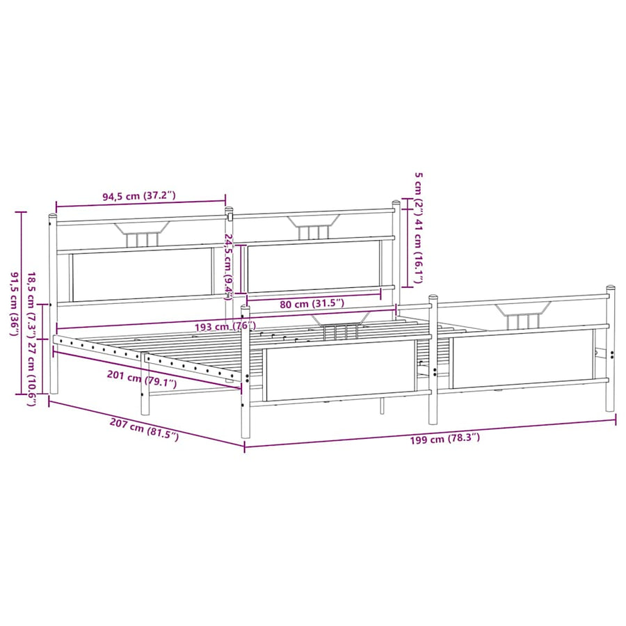 Bedframe zonder matras metaal bruin eikenkleur 193x203 cm