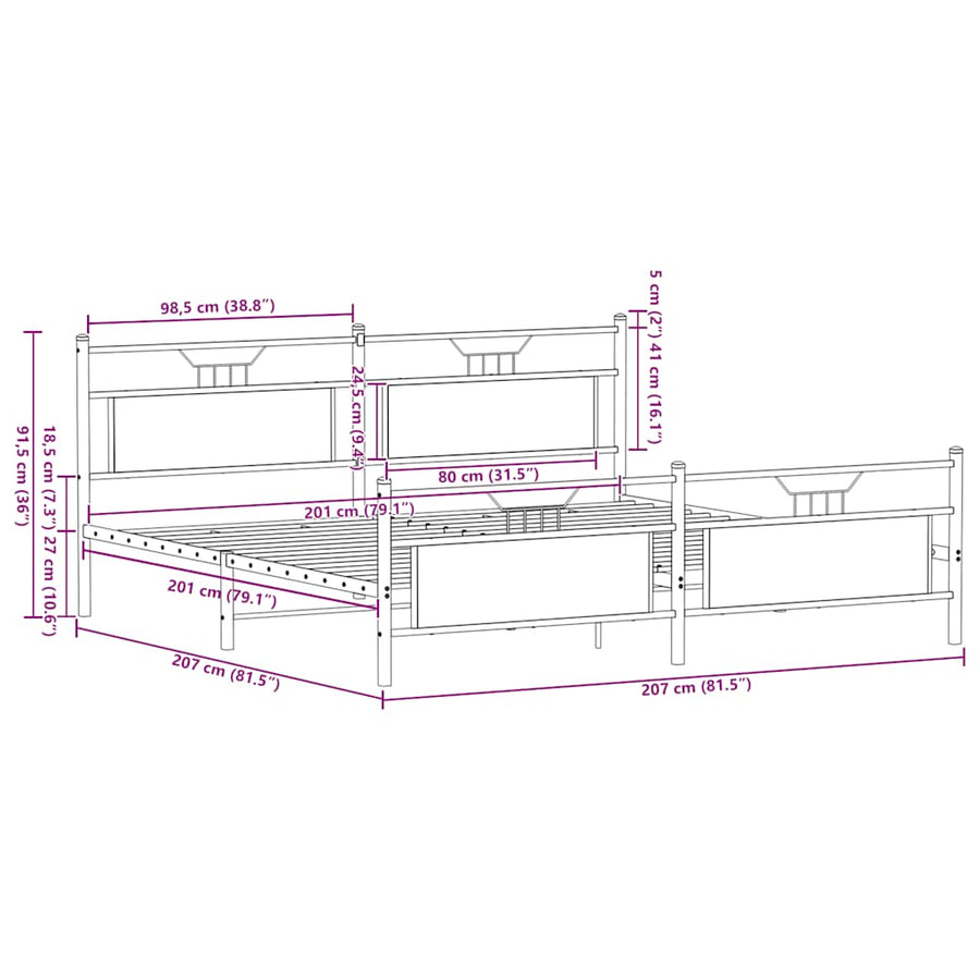 Bedframe zonder matras metaal bruin eikenkleurig 200x200 cm