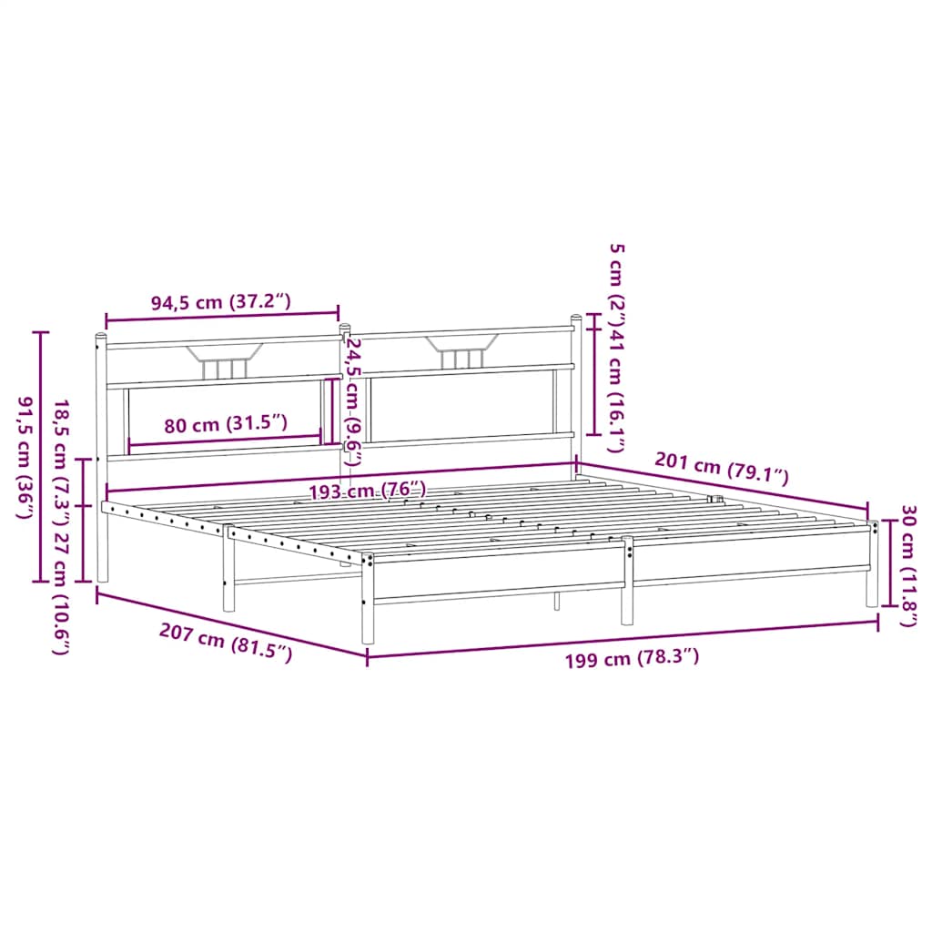 Bedframe zonder matras metaal gerookt eikenkleurig 193x203 cm