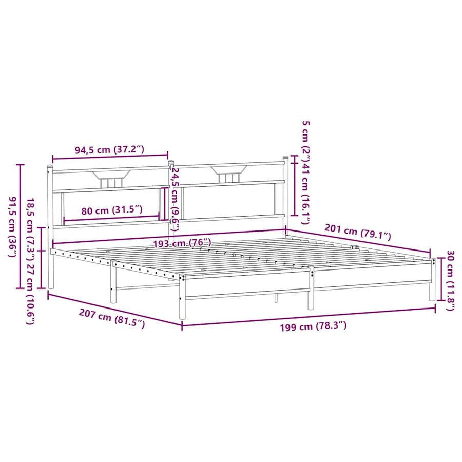 Bedframe zonder matras metaal gerookt eikenkleurig 193x203 cm