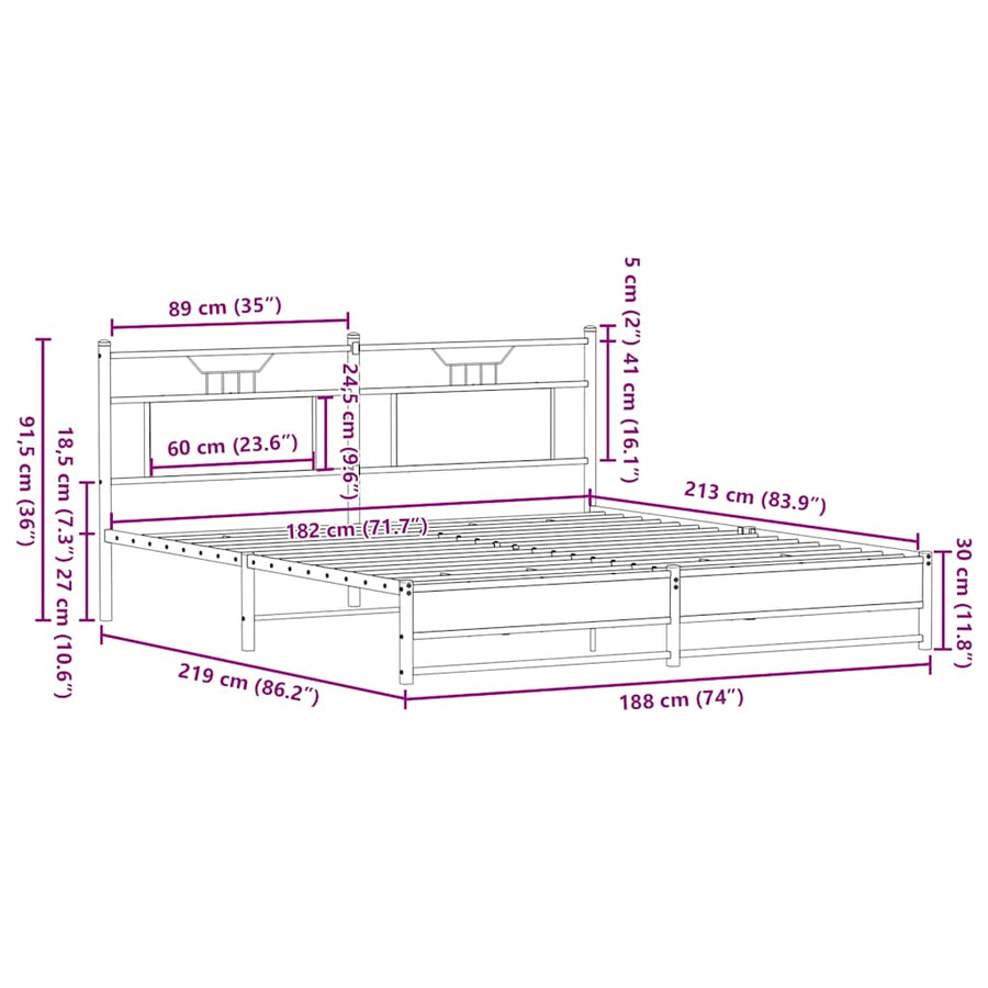 Bedframe zonder matras metaal gerookt eikenkleurig 183x213 cm
