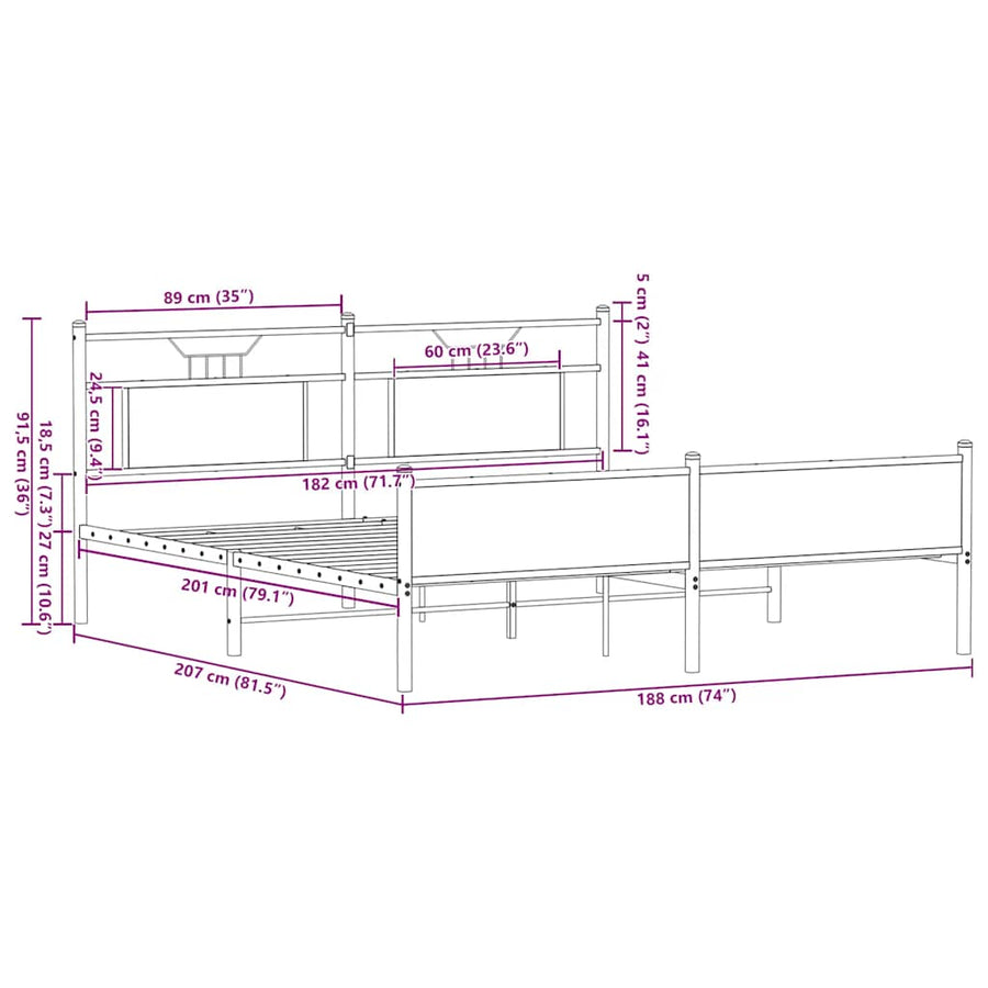 Bedframe zonder matras metaal gerookt eikenkleurig 180x200 cm