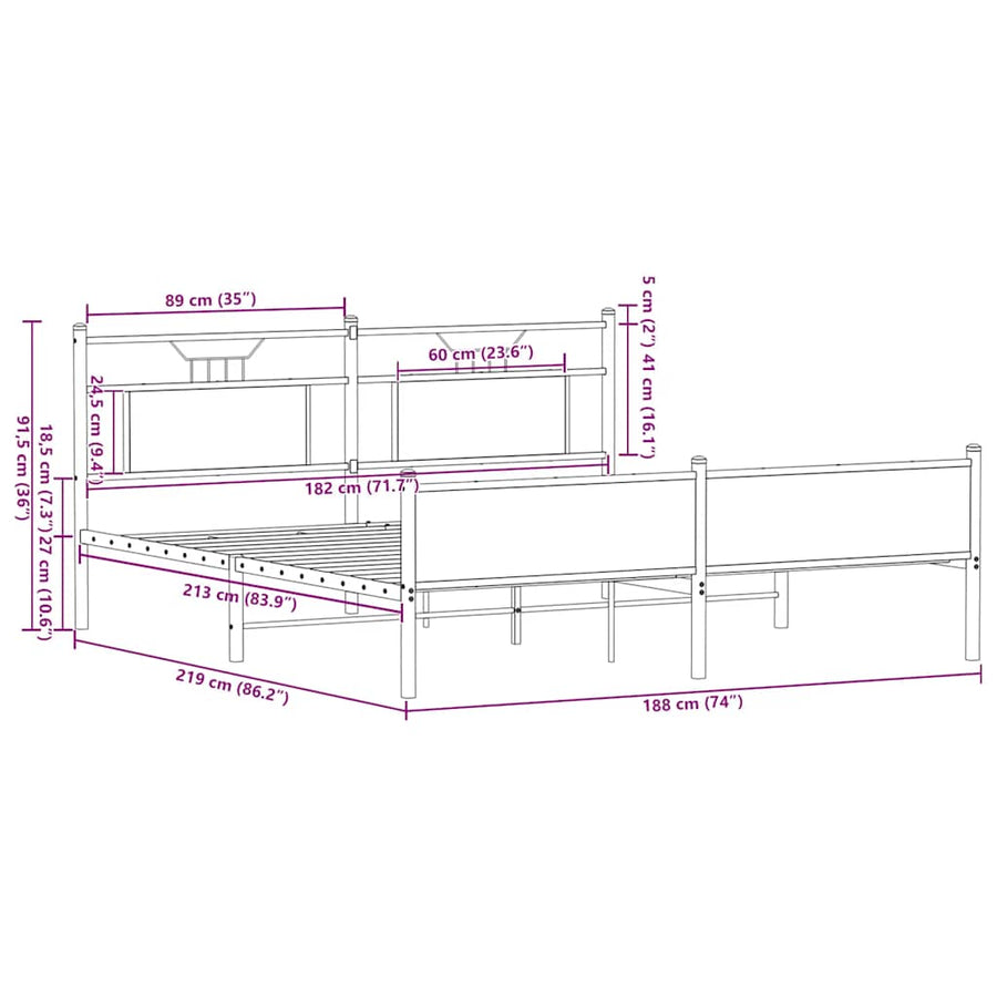 Bedframe zonder matras metaal gerookt eikenkleurig 183x213 cm