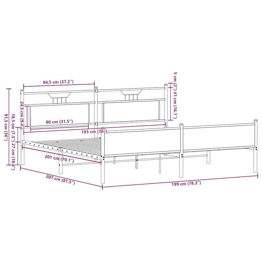 Bedframe zonder matras metaal gerookt eikenkleurig 193x203 cm