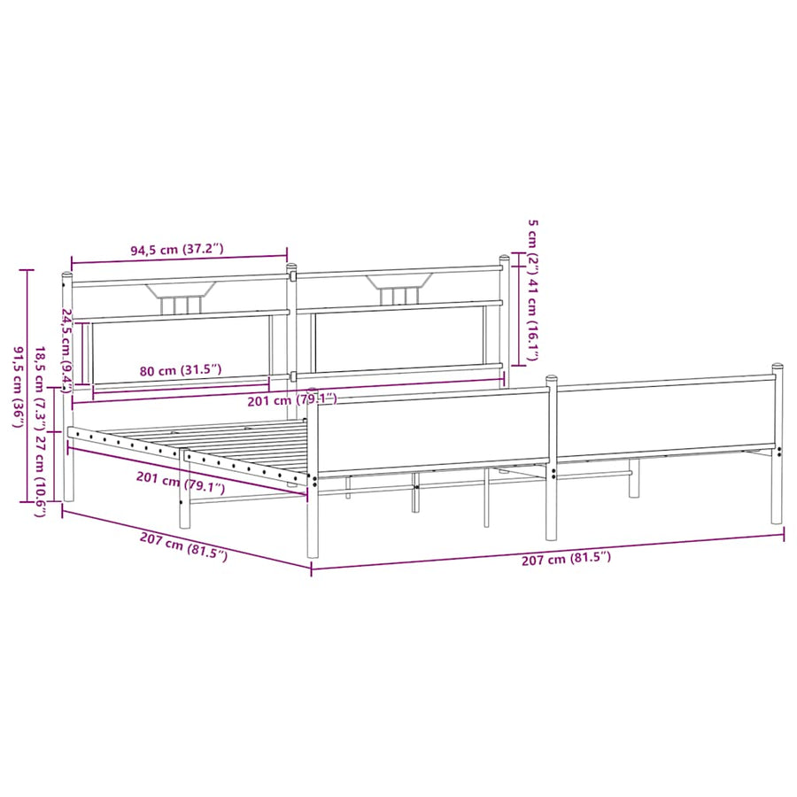 Bedframe zonder matras metaal gerookt eikenkleurig 200x200 cm