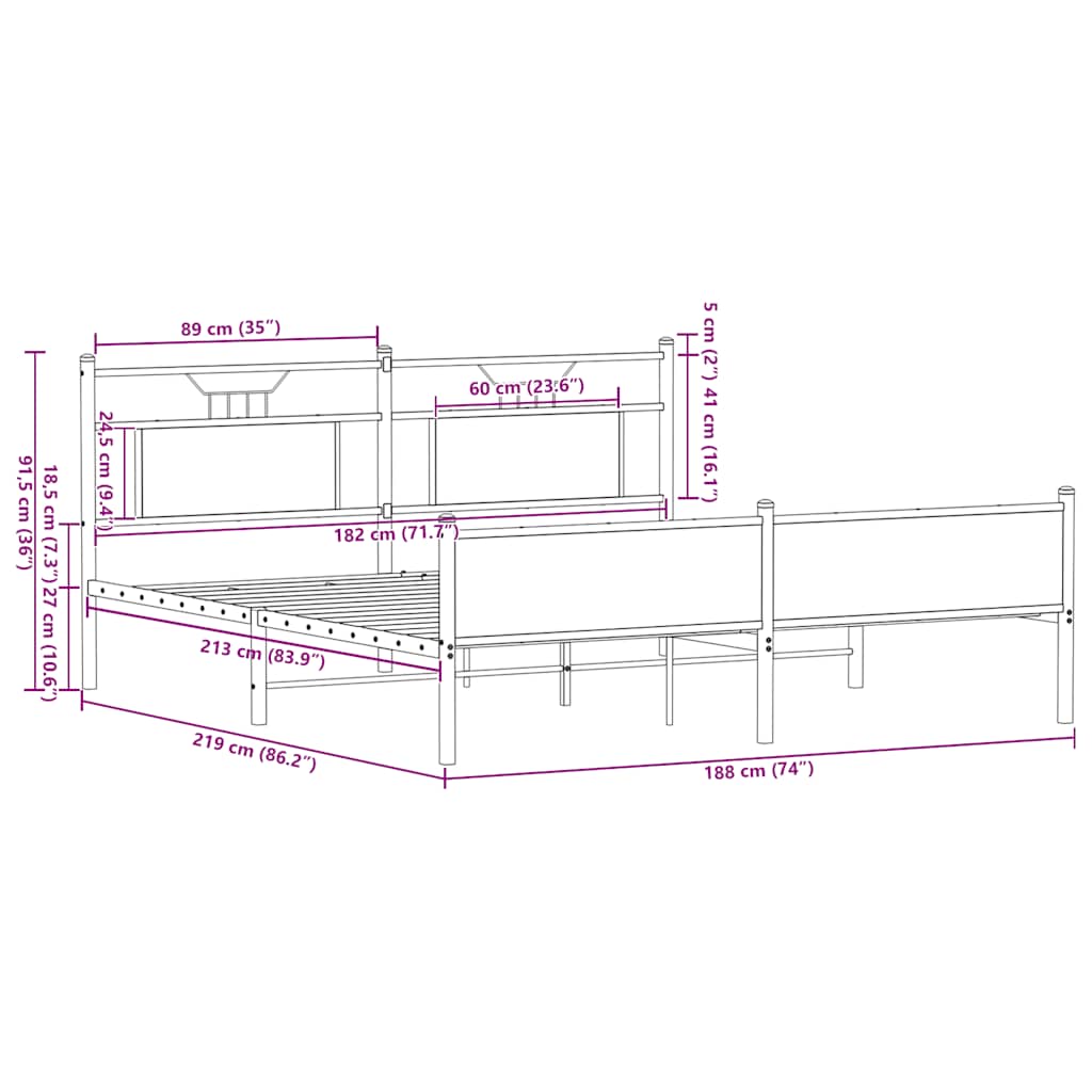 Bedframe zonder matras metaal sonoma eikenkleurig 183x213 cm